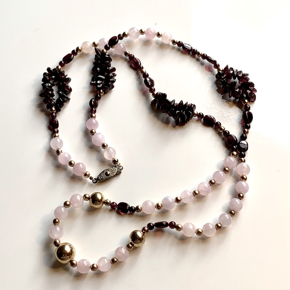 Vintage Rose Quartz Garnet Gold Brass Beaded Necklace